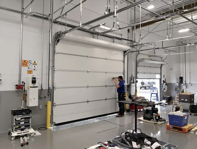 Commercial garage door repair being performed by Willowick Garage Door Repair expert in Willowick