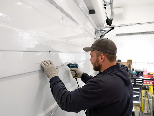 Willowick Garage Door Repair technician demonstrating precision dent removal techniques on a Willowick garage door